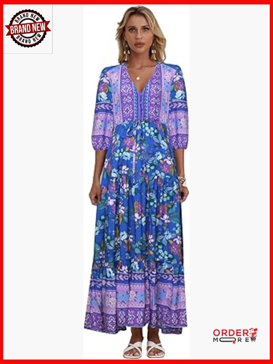 Dresses & Skirts - V Neck Floral Print Maxi Dress Bohemian Casual Short Sleeve
